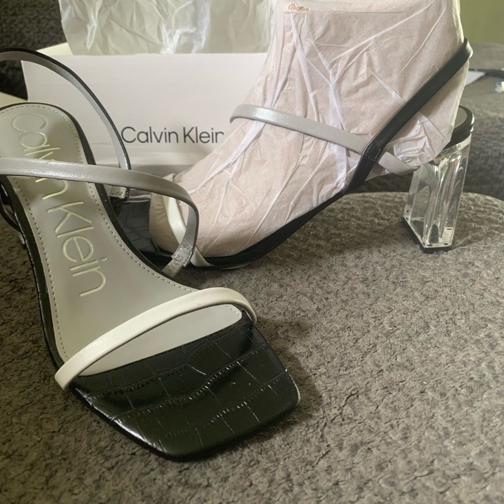 Calvin Klein New in Box strappy clear heeled sandals. Size 7m.
